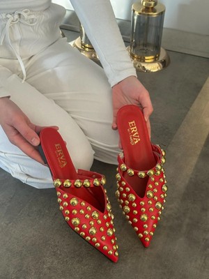 Erva'nın Butiği Kırmızı Cilt (Maria) Gold Droplu Kadın Terlik