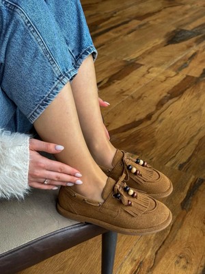 Erva'nın Butiği Taba Süet (Shake) Saraçlı Boncuk Detay Kadın Loafer