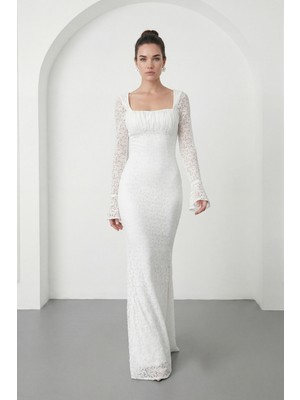 Lafaba Kadın Beyaz Uzun Kol Dantelli Davet Elbisesi