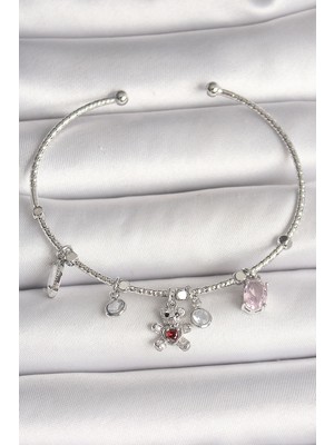 Esplendor Pirinç Gümüş Renk Sallantı Zirkon Taşlı Ayıcık Figür Kırmızı Taş Detay Charm Kadın Bileklik