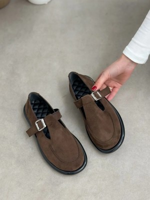 Erva'nın Butiği Kahve Süet Kadın Loafer Toka Detaylı Kaydırmaz Taban ile Günlük Kullanım İçin