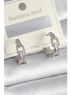 Esplendor Pirinç Gümüş Renk Zirkon Taşlı Zincir Model Kadın Küpe