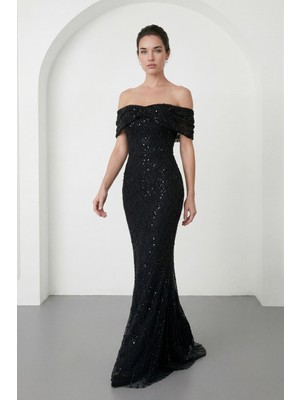 Lafaba Kadın Siyah Kayık Yaka Boncuklu Uzun Balık Abiye Elbise