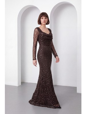 Lafaba Kadın Kahverengi Uzun Kol Boncuklu Abiye Elbise