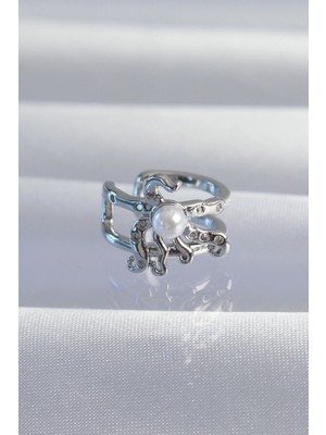Esplendor Pirinç Gümüş Renk Incili Ahtapot Earcuff Küpe