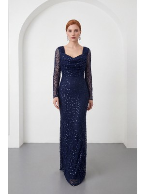 Lafaba Kadın Lacivert Uzun Kol Boncuklu Abiye Elbise