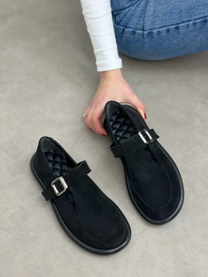 Erva'nın Butiği Siyah Süet (Olivia) Toka Detaylı Kadın Loafer