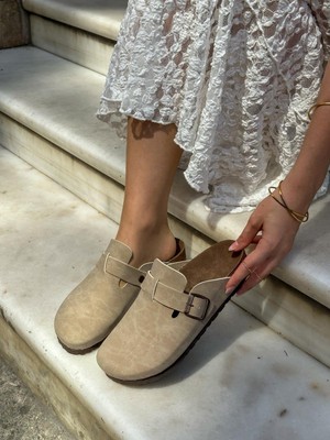 Erva'nın Butiği Bej (Mell) Önü Kapalı Ayarlanan Tokalı Sabo Günlük Ev Terlik