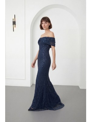Lafaba Kadın Lacivert Kayık Yaka Boncuklu Uzun Balık Abiye Elbise