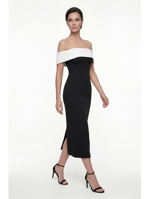 Lafaba Kadın Siyah Kayık Yaka Midi Kalem Davet Elbisesi