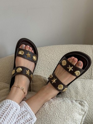 Erva'nın Butiği Kahve Cilt (Sorry) Gold Deniz Kabuklu Terlik