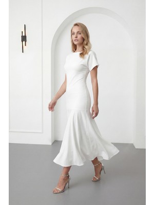 Lafaba Kadın Beyaz Bisiklet Yaka Kısa Kollu Midi Davet Elbisesi