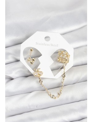 Esplendor Kiraz Model Pirinç Gold Renk Zincir Bağlantılı Ear Cuff Küpe Seti
