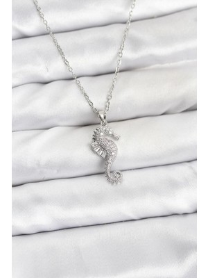Esplendor 316L Çelik Zincir Gümüş Renk Deniz Atı Model Zirkon Taşlı Kadın Kolye