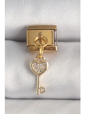 Esplendor 316L Çelik Gold Renk Sallantı Zirkon Taşlı Kalpli Anahtar Model Nomination Charm