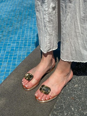 Erva'nın Butiği Gold Şeffaf (Ring) Gold Taş Detay Terlik