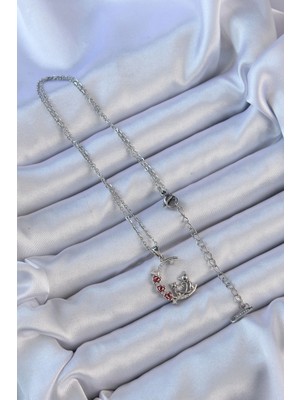 Esplendor 316L Çelik Zincir Gümüş Renk Kırmızı Gül Detay Kedi Figür Zirkon Taşlı Ay Kolye