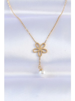 Esplendor 316L Çelik Zincir Gold Renk Inci Detay Çiçek Kolye