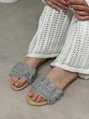 Erva'nın Butiği Hasır (Snow) Gümüş Kadın Terlik