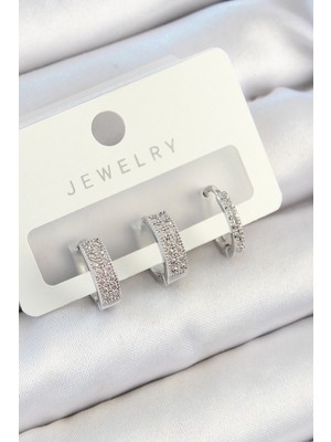 Esplendor Pirinç Zirkon Taşlı Halka Model Gümüş Renk 3'lü Çift Kadın Küpe Set