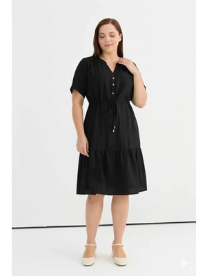 Selen Büyük Beden Eteği Büzgülü Beli Bağlamalı Elbise  /  Siyah