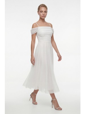 Lafaba Kadın Beyaz Ince Askılı Simli Midi Söz Nişan Nikah Abiye Elbise
