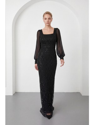 Lafaba Kadın Siyah Kare Yaka Uzun Kollu Boncuklu Abiye Elbise