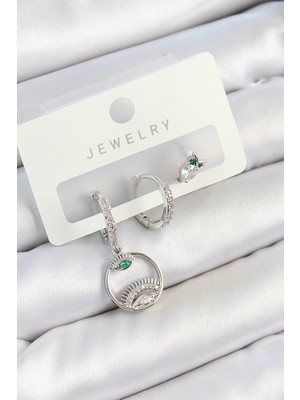 Esplendor Pirinç Zirkon Taşlı Göz ve Baykuş Model Gümüş Renk 3'lü Çift Kadın Küpe Set