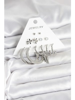 Esplendor Pirinç Gümüş Renk 6 Çift Kadın Küpe Seti