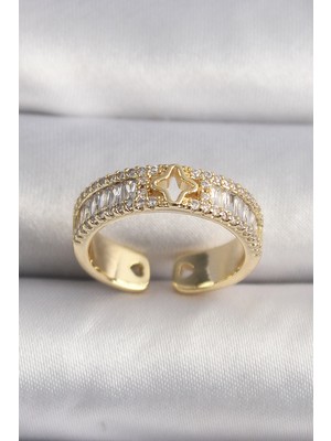 Esplendor Pirinç Gold Renk Zirkon Taşlı Yıldız Işleme Vıp Seri Kadın Yüzük