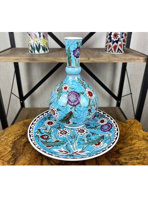 Çini Evi Turkuaz Çiçek Bahçesi – Iznik Çini Vazo Tabak Seti