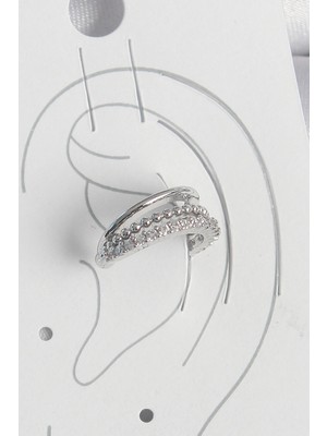 Esplendor Pirinç Gümüş Renk Zirkon Taşlı 3'lü Sıralı Kadın Kıkırdak Küpe