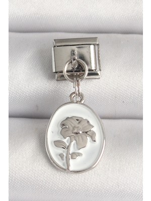 Esplendor 316L Çelik Gümüş Renk Çiçek Işlemeli Beyaz Portre Model Nomination Charm