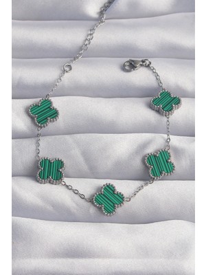 Esplendor 316L Çelik Gümüş Renk Çizgili Yeşil Mineli Yonca Bileklik