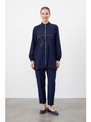 Puane Kadın Yıldız Taş Detaylı Fermuarlı Tunik Pantolon Takım Elbise – 14447