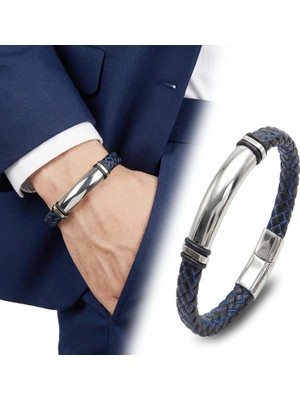 Moncuk Design Isim Yazılabilir Mavi Siyah Deri ve Beyaz Titanyum Kilit Bileklik 33513B15D6