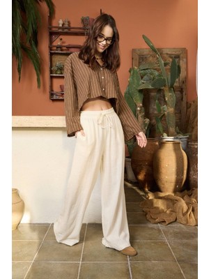 Die&More Ince Çizgili Crop Keten Gömlek