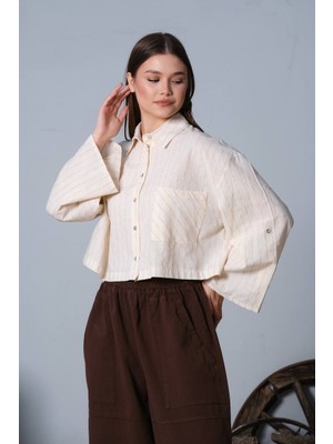 Die&More Ince Çizgili Crop Keten Gömlek