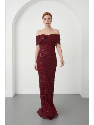 Lafaba Kadın Bordo Kayık Yaka Boncuklu Uzun Balık Abiye Elbise