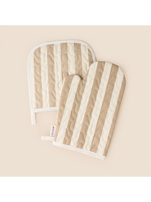 Evidea Soft Riga Fırın Eldiveni ve Tutaç Set - Bej / Ekru - 17X28 cm + 20X20 cm