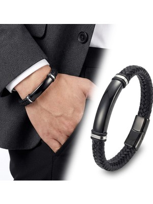 Moncuk Design Isim Yazılabilir Siyah Deri ve Siyah Titanyum Kilit Bileklik 33513B15D4
