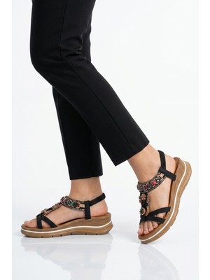 Voyager Siyah Hakiki Deri Taş Işlemeli Kadın Sandalet B481 Z