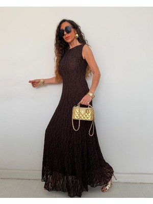 Qimya Butik Buketli Kadın Sıfır Yaka Kolsuz Astarlı Maxi Boy Uzun Dantel Elbise