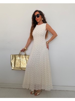 Qimya Butik Buketli Kadın Sıfır Yaka Kolsuz Astarlı Maxi Boy Uzun Dantel Elbise