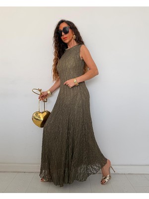 Qimya Butik Buketli Kadın Sıfır Yaka Kolsuz Astarlı Maxi Boy Uzun Dantel Elbise
