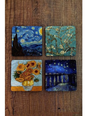 PremiumPort Doğal Taş Bardak Altlığı 4'lü Set, Vincent Van Gogh Eserleri Tasarımı
