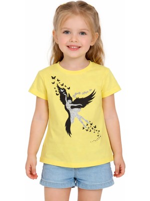 Pıtırcık Kız Çocuk Angel Desenli Simli Sarı Renk Kısa Kol Tişört