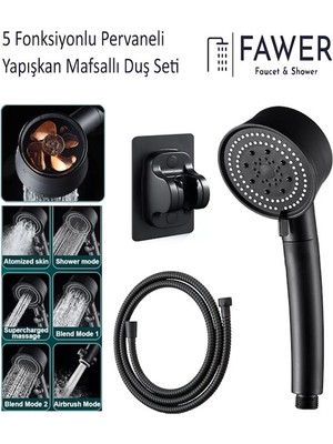 5 Fonksiyonlu Turbo Pervaneli Örgülü Hortumlu Yapışkan Mafsallı Duş Seti - 409PRVY