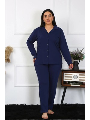MiraLive Kadın Büyük Beden Pamuklu Cepli Düğmeli Lacivert Pijama Takım