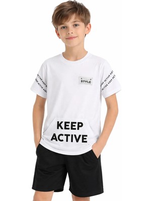 Alg Erkek Çocuk Keep Active Yazı Desenli Kanguru Cepli Beyaz Renk Tişört